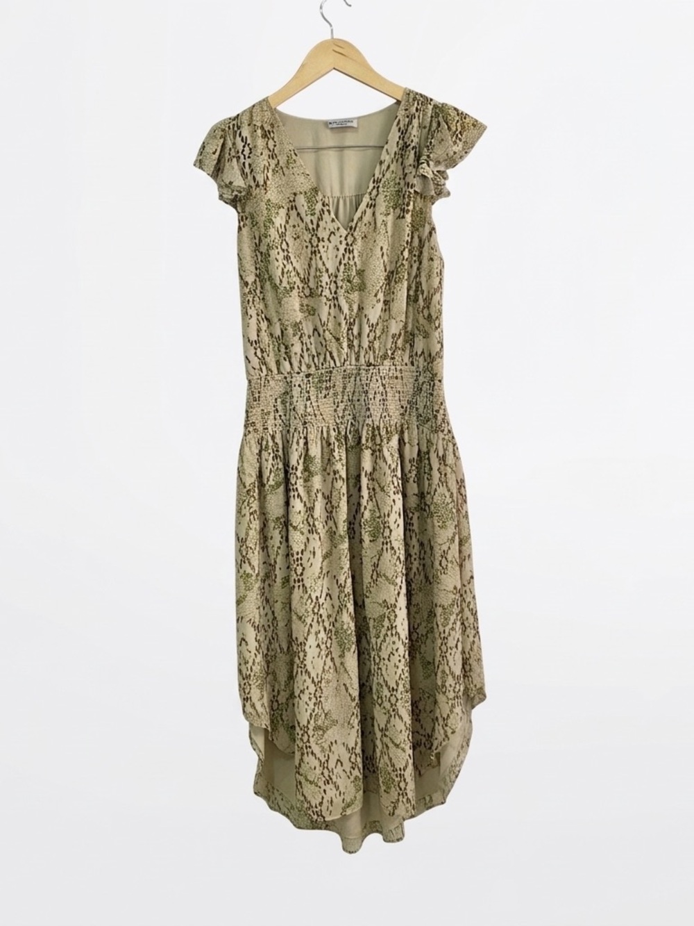 Ramy Brook Reina Smocked Waist High Low Snake Print Flutter‎ Sleeve Dress